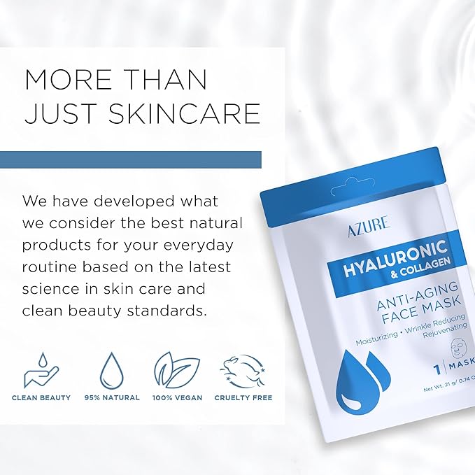 AZURE Hyaluronic Acid & Collagen Anti Aging Sheet Facial Mask - Rejuvenating & Moisturizing Face Mask - Helps Reduce Fine Lines & Wrinkles, Tightens & Smooths - Skin Care Made in Korea - 10 Pack