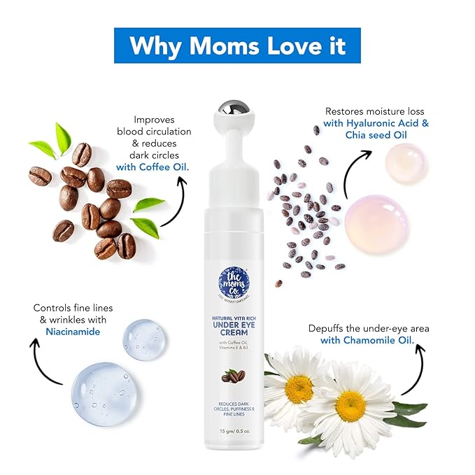 The Moms Co. Natural Vita Rich Under Eye Cream for Dark Circles and Puffiness for Women, Suitable for Delicate Skin Under Eye Area, Soothing Massage Roller with Coffee Oil, Vitamins E & B3, 15 gm
