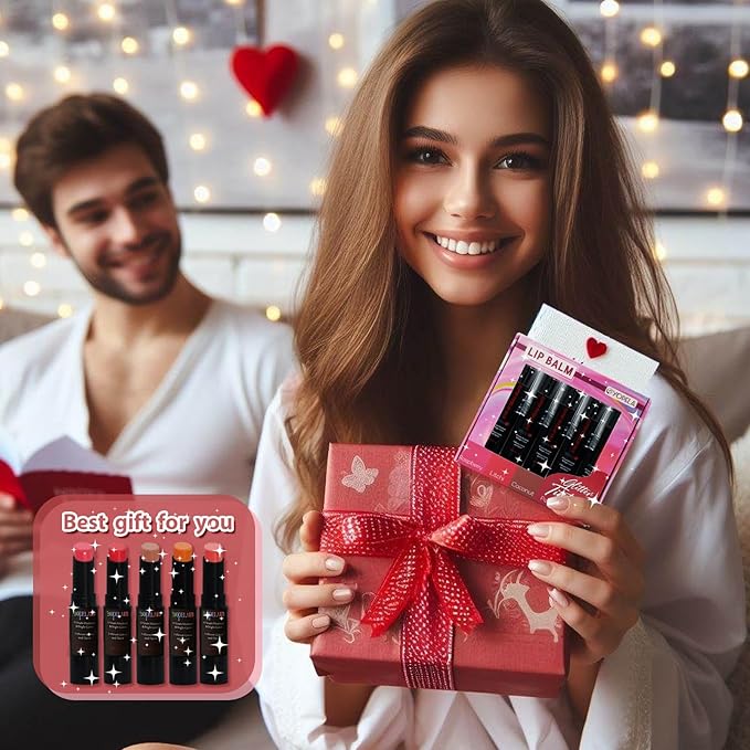 5 Pack Tinted Lip Balm With Glitter Powder Stocking Stuffers Tinted Chapstick - Moisturizing Lip Balm with Shimmer - Lipstick Set - Assorted Colors and Favors