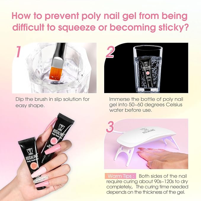 ROSALIND Poly Nail Gel Kit -14 Colors Nail Art Accessories kit Clear Nude Nail Extension Gel Starter with Slip Solution White Nude Pink Nail Extensions Gels Set with Mini UV Lamp