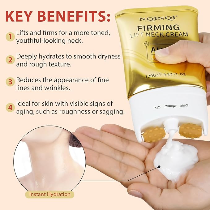 AH-8 Firming Neck Cream with Roller - Neck and Chest Firming Cream to Lift, Tighten & Smooth Sagging Skin, Reduce Wrinkles & Hydrate for Youthful Neck, 4.23 Fl Oz