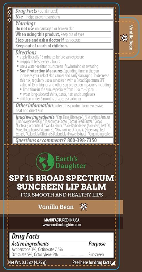 SPF Lip Balm 4-Pack by Earth's Daughter - Lip Sunscreen, SPF 15, Organic Ingredients, Vanilla Flavor, Beeswax, Coconut Oil, Vitamin E - Hypoallergenic, Paraben Free, Gluten Free