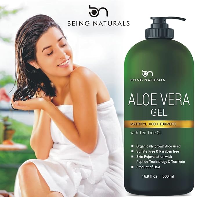Aloe vera Gel - from 100% Pure Organic Aloe Infused with Matrixyl 3000 (Peptides), Turmeric - Natural Raw Moisturizer for Face, Body, Hair. Perfect for Sunburn, Acne, Razor Bumps 16.9 fl oz