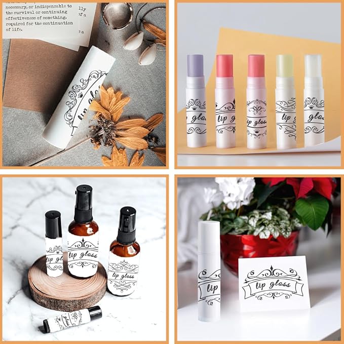 OLYCRAFT 100Pcs Self-Adhesive Lip Balm Tag Stickers 1.7x2.1 inch Vintage Damask Border Waterproof Adhesive Label with Word Lipstick Tag Sticker for Lip Balm Container Tubes Lipstick Wrapping Decor