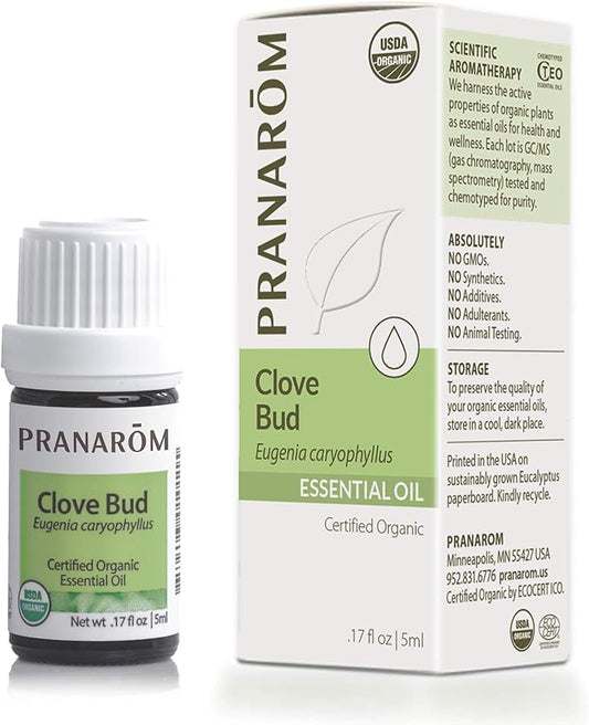 Pranarom USDA Certified Organic Clove Essential Oil (5ml), 100% Pure Undiluted Therapeutic Grade from Sri Lanka & Madagascar for Aromatherapy, Diffuser, Immune Support, DIY Cleaning, Warm Scent