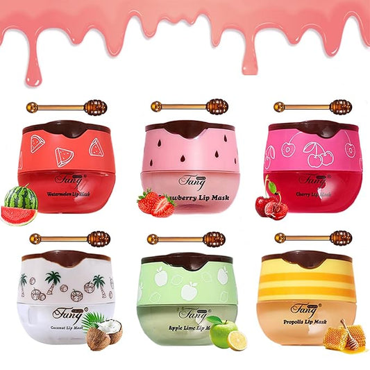 6PCS Bee Lip Balm Honey Pot,Honey&Strawberry&Watermelon&Cherry&Apple&Coconut Lip Mask Overnight Propolis Moisturizing Lip Balm Hydrating Prevention Dry and Crack Lip Scrubs Exfoliator Lip Wrinkle Care
