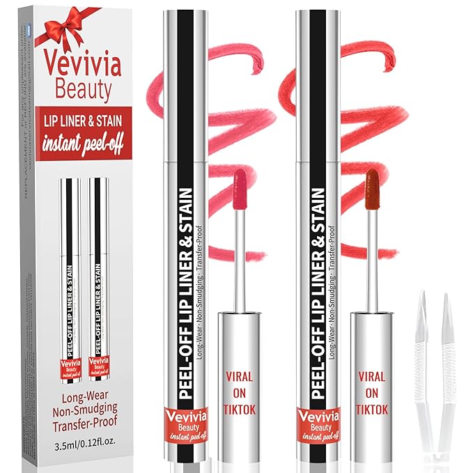 2pcs Lip Stain Peel Off - Lip Liner Stain Long Lasting Waterproof,2-in-1 Lip Liner with Tweezer Nude Matte,Non-Stick Cup,Highly Pigmented,Natural Finish,Stay On All Day,Perfect for Gift (Nude+Cocoa)