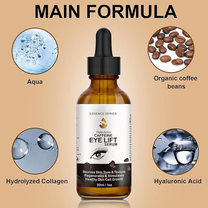 2 PCS Caffeine Eye Serum - Eye Cream for Dark Circles and Puffiness, with EGCG, Ascorbic Acid, Collagen, Caffeine Eye Lift Serum Reduces Under Eye Bags Wrinkles and Fine Lines- 2 oz/60 ml