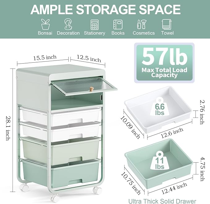 Utility-Rolling-Storage-Drawer-Craft-Cart-Organizers with 4 Drawers & Dust-proof Door for Kid Craft Art Room,Bedroom,Home Office, 4 Tiers Drawer cart, Green