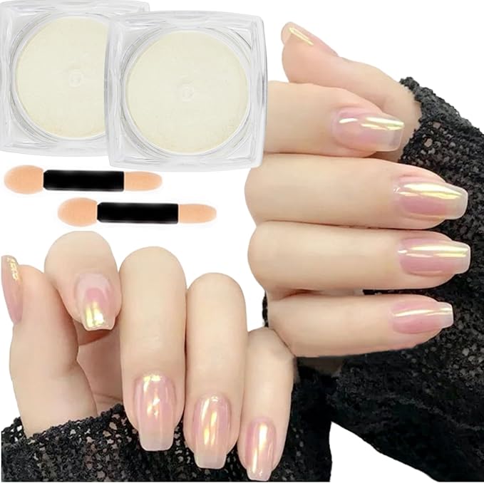 2 Pcs Aurora Chrome Powder for Nails White Iridescent Nail Powder,Mermaid Chrome Nail Pearl Powder Chameleon Chrome Nail Powder Manicure Pigment(2 Pcs Aurora)