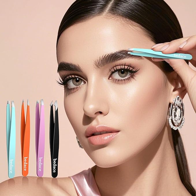 Tweezers for Women Facial Hair,Stocking Stuffers 4 Pack Tweezers for Eyebrows,Tweezer Set for Ingrown Hair, Plucking Daily Beauty Tool with Leather Travel Case for Gifts