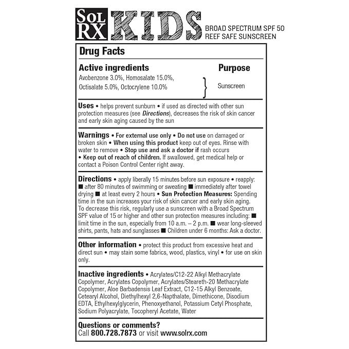 SolRX KID's SPORT Sunscreen SPF 50+ Oxybenzone Free Sunscreen, Reef Safe Sunscreen for Face and Body, Won't Run Into Eyes (Pack of 2)
