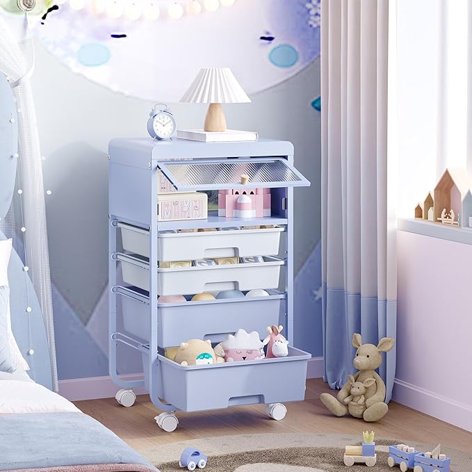 Utility-Rolling-Storage-Drawer-Craft-Cart-Organizers with 4 Drawers & Dust-Proof Door for Kid Craft Art Room,Bedroom,Home Office, Lavender Purple