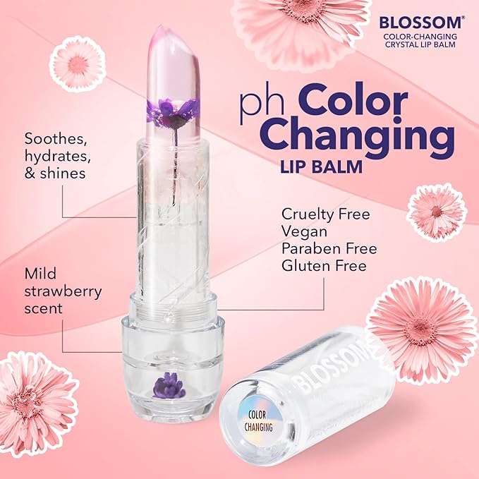 Blossom Moisturizing Custom Color Changing Crystal Lip Balm, Strawberry Scented, Lip Stain Tint, Infused with Real Flowers, 3g, Purple