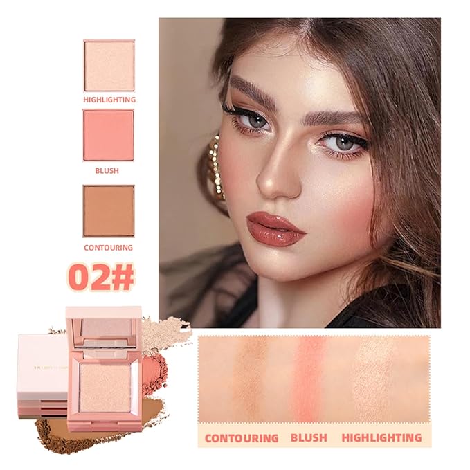 3 in 1 Highlighter Contour Blush Makeup Palette, 3 Colors Matte Shimmer Brighten Highlighting Bronzing Blusher Eyeshadow Pallet, Long Lasting Full Face Eyes Contouring Shaping Makeup kit with Mirror