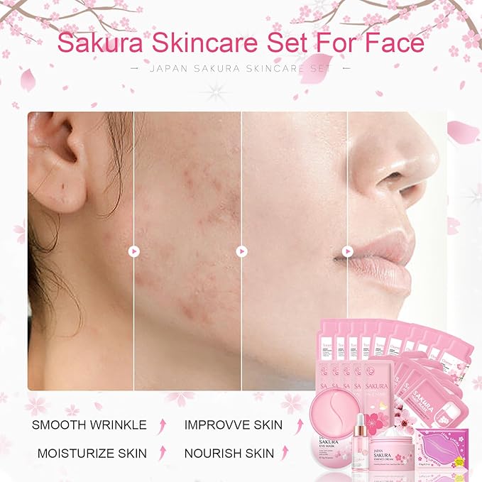 Skincare Set for Teenage Girls, Japan-Sakura Skin Care Products Set, Skin Care Sets & Kits, Cleanser, Toner, Serum, Cream, Sleep Mask,Eye Mask,Mud Mask,Lip Mask Beauty Products Daily Face Care 24PCS