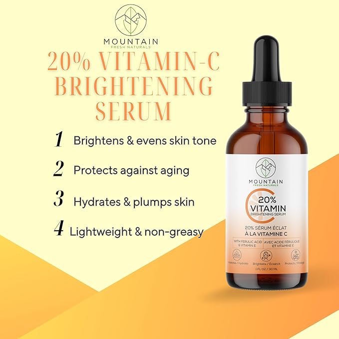 Vitamin C Serum β 20% 3-0-Ethyl Ascorbic Acid, Ferulic Acid & Vitamin E β Brightening, Hydrating, Anti-Aging Serum for Dark Spots, Uneven Skin Tone & Wrinkles β 30mL / 1 fl oz