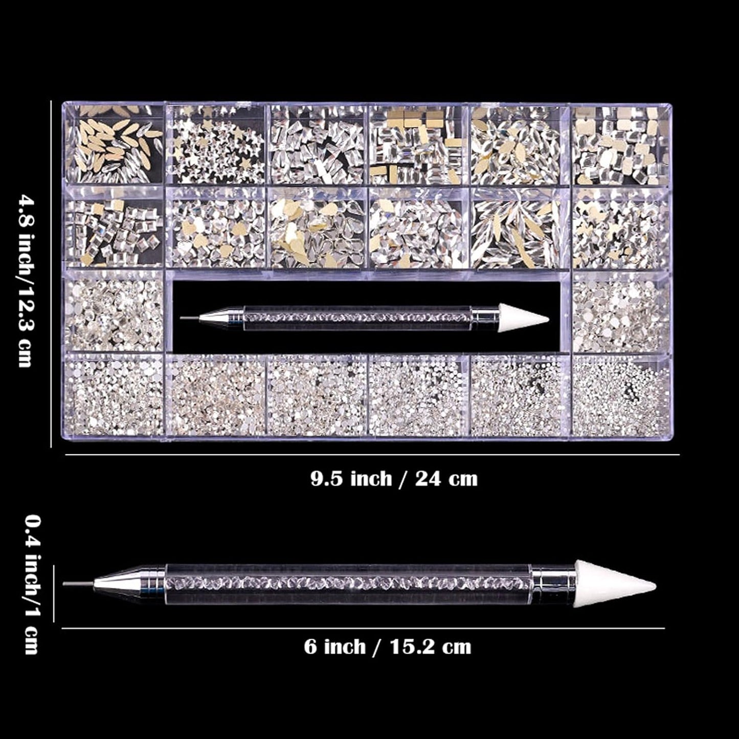 Nail Rhinestones Kit, Nail Art Decorations with Wax Pencil Flat AB Rhinestones Kit DIY Crafts Gemstones for Nail, Shoes, Clothes, Jewels (600 Gold diamonds + 2500 flat rhinestones)