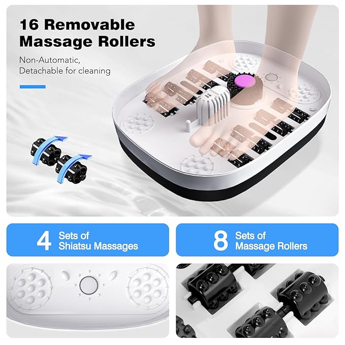 Collapsible Foot Spa Bath with Heat, Remote Control, Temperature Control, Bubbles, Pumice Stone, Red Light, Timer, 16 Massage Roller Pedicure Foot Spa Foot Soaker for Soothe & Relax Tired Feet