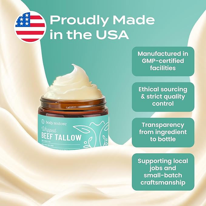 Body Restore Grass Fed Whipped Beef Tallow for Dry Skin, Face - Manuka Honey, Jojoba Oil, Christmas Stocking Stuffers, White Elephant, Birthday Gifts for Women, Men, Travel Essentials - Eucalyptus