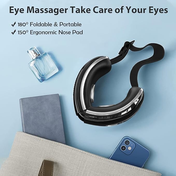 Fmalve Eye Massager with Heat and Cooling for Migraines, Dry Eyes, Heated Eye Mask Massager Improve Sleeping - Gifts for Women and Men (Black)