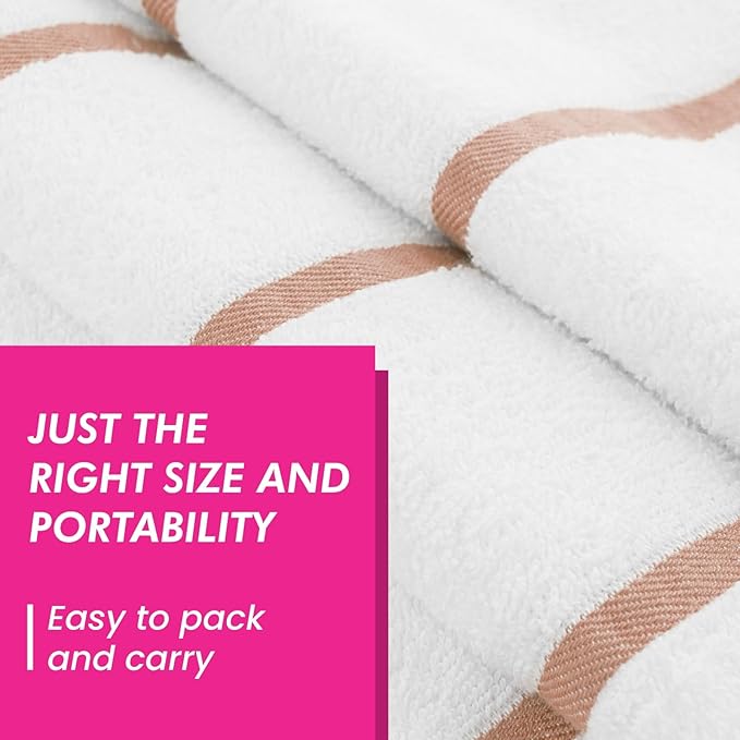 CASA COPENHAGEN Cabana Pool Bath Sheet, 70" x 35", Designed in Denmark Rough and Tough, Quick Dry, for Pool, Bath, Beach & Shower 2 Piece Cotton Pool Towels Set - White Beige Stripe