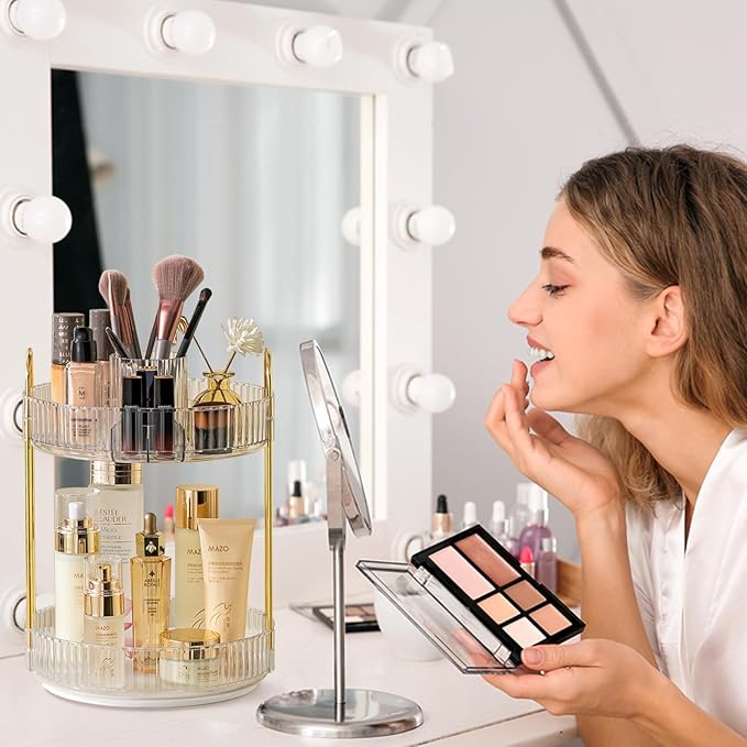Rotating Makeup Organizer for Vanity, High-Capacity Skincare Clear Make Up Storage Perfume Organizers Cosmetic Dresser Organizer Countertop 360 Spinning (Clear, New-2 Tier)