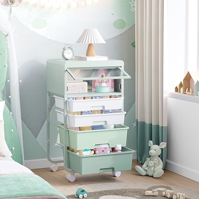 Utility-Rolling-Storage-Drawer-Craft-Cart-Organizers with 4 Drawers & Dust-proof Door for Kid Craft Art Room,Bedroom,Home Office, 4 Tiers Drawer cart, Green