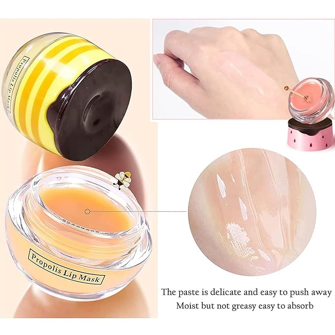 3 PCS Bee Lip Balm Honey Pot, Honey & Strawberry & Watermelon Lip Mask Overnight Moisturizing Lip Sleep Mask with Stick Hydrating & Prevention Dry and Cracked Lip Scrubs Exfoliator