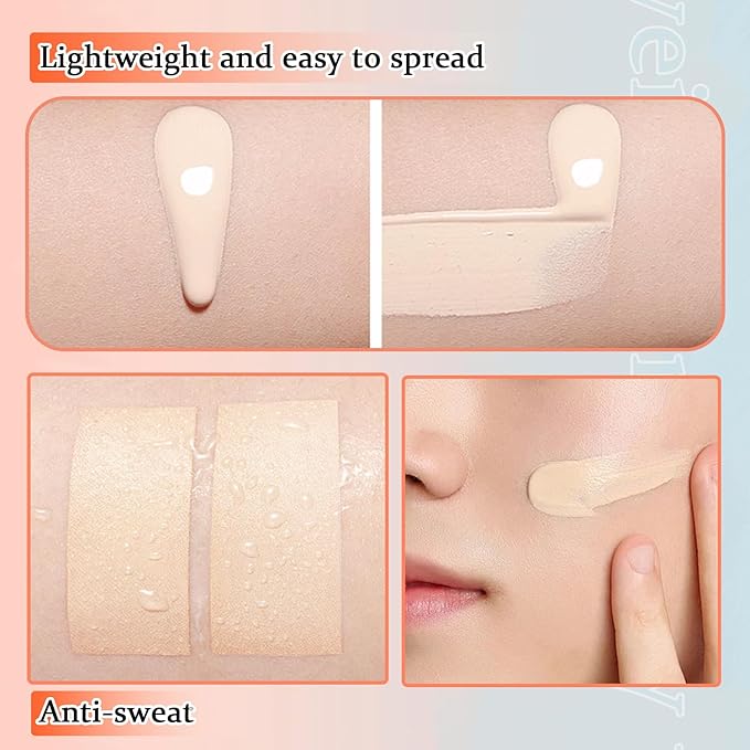 Full Coverage Concealer Foundation,Oil Control Long Lasting Lightweight BB Cream Tinted Face Moisturizer with SPF 50+ PA+++,Moisturizing CC Cream Liquid Foundation Makeup Brush Set(2 Pack)