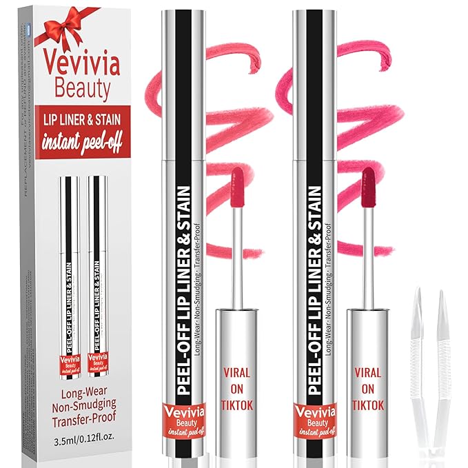 2pcs Lip Stain Peel Off - Lip Liner Stain Long Lasting Waterproof,2-in-1 Lip Liner with Tweezer Nude Matte,Non-Stick Cup,Highly Pigmented,Natural Finish,Stay On All Day,Perfect for Gift (Nude+Rose)