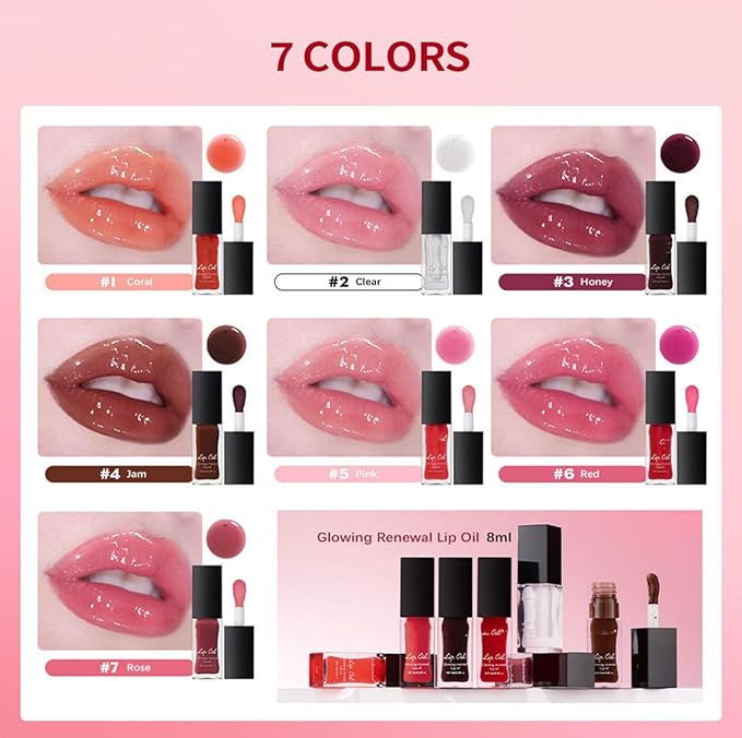 MAEPEOR Glowing Lip Oil 7 Colors Hydrating Lip Balm Nourishing Lip Care Lip Treatment Glossy Finish Non-sticky Moisturizing Lip Balm (06 Red)
