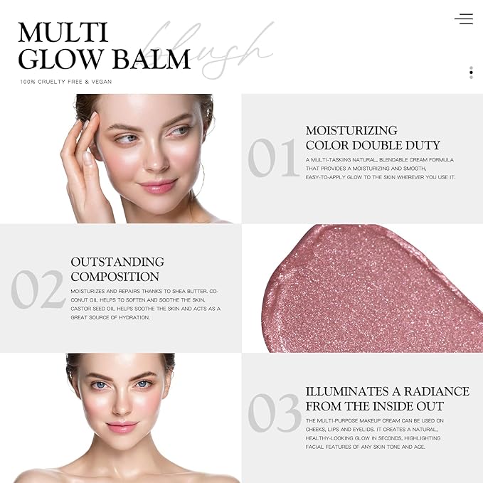 Multi Glow Balm, Cream Blush for Cheeks, Blush Balm Face Makeup, Radiant Finish, Hydrating, Creamy, Lightweight & Blendable Color, Vegan Face Balm, 0.63 Oz (Pink Camellia)