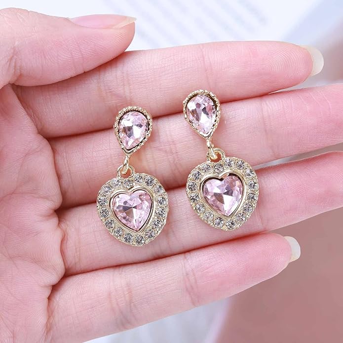 Vintage Emerald Heart Earrings Emerald Cz Teardrop Earrings Rhinestone Heart Drop Earrings Green Gemstone Stud Earrings Jewelry for Women(Green)