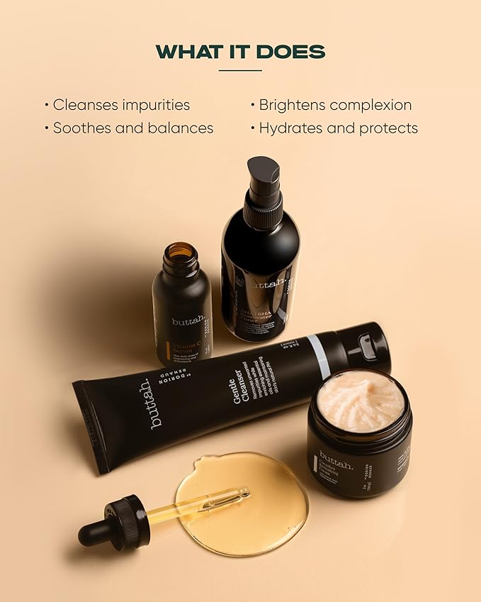 Buttah Skin Supreme Kit for Melanin Rich Skin | Facial Shea Butter 2 oz | Vitamin C Serum 1 oz | Cleanser 3.4 oz | Rosewater Toner 3.4 oz | Black Owned Skincare
