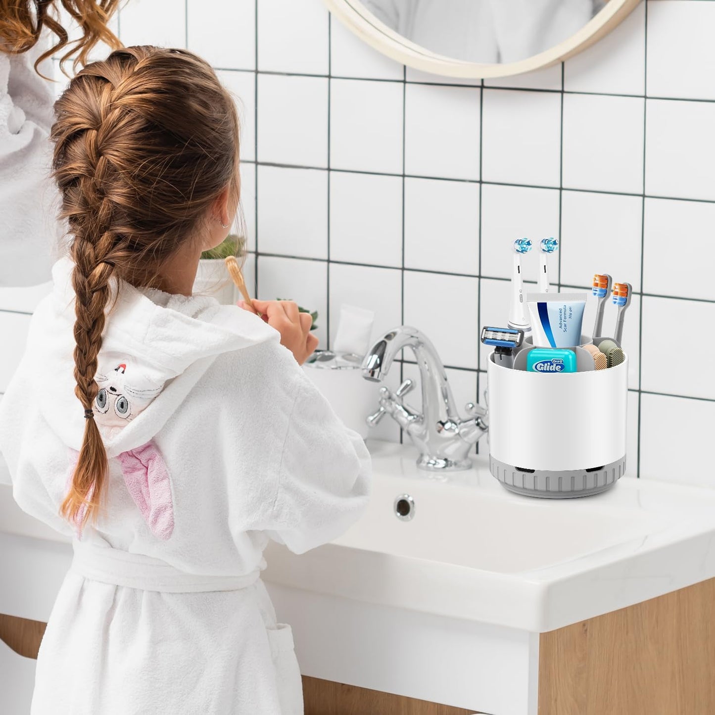 Toothbrush Holders for Bathrooms - White Rotating Kids Electric Toothbrush and Toothpaste Holder, Detachable 6 Slots Tooth Brush Organizer Bathroom Countertop Storage