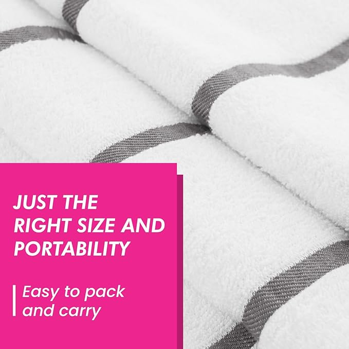 CASA COPENHAGEN Cabana Pool Bath Sheet, 70" x 35", Designed in Denmark Rough and Tough, Quick Dry, for Pool, Bath, Beach & Shower 2 Piece Cotton Pool Towels Set - White Grey Stripe