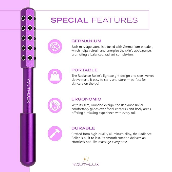 Radiance Roller – Germanium Stone Facial Massage Tool for Lifting, Sculpting, De-Puffing, Glow Boost, Energizing & Cooling Effect (Purple)