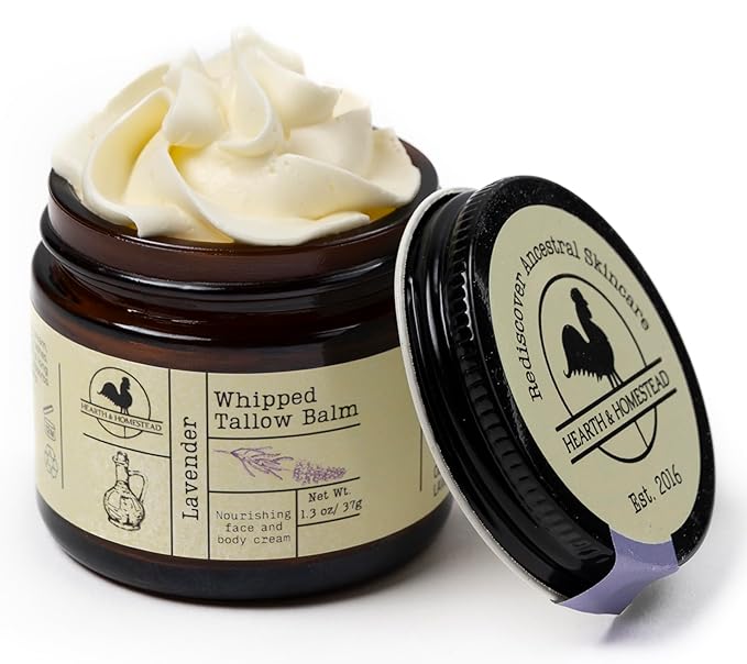 Handmade Whipped Tallow Balm, Organic, Moisturizer, Body Butter with Infused Olive Oil, for Eczema, Rosacea, Baby (Lavender)