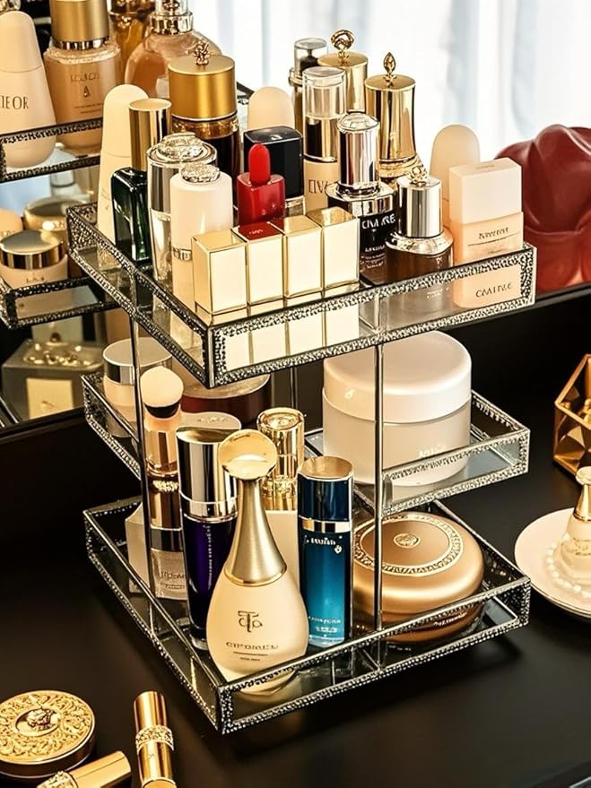 Vintage Glow Antique 360 Degree Rotating Makeup Organizer,4-Tier Spinning Perfume Tray,Countertop Cosmetic Storage,Glass Beauty Display,Retro Large Capacity Vanity Organizer for Brushes Skincare