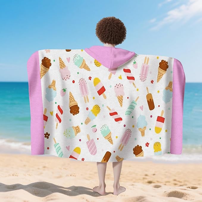 Ice Cream Hooded Beach Towel for Girls, 35" x 60" Kids Poncho Bath Towel for Toddler, Pink &White Soft Absorbent with Hood for 3-10 Years Bathrobe for Swimming Pool Bath