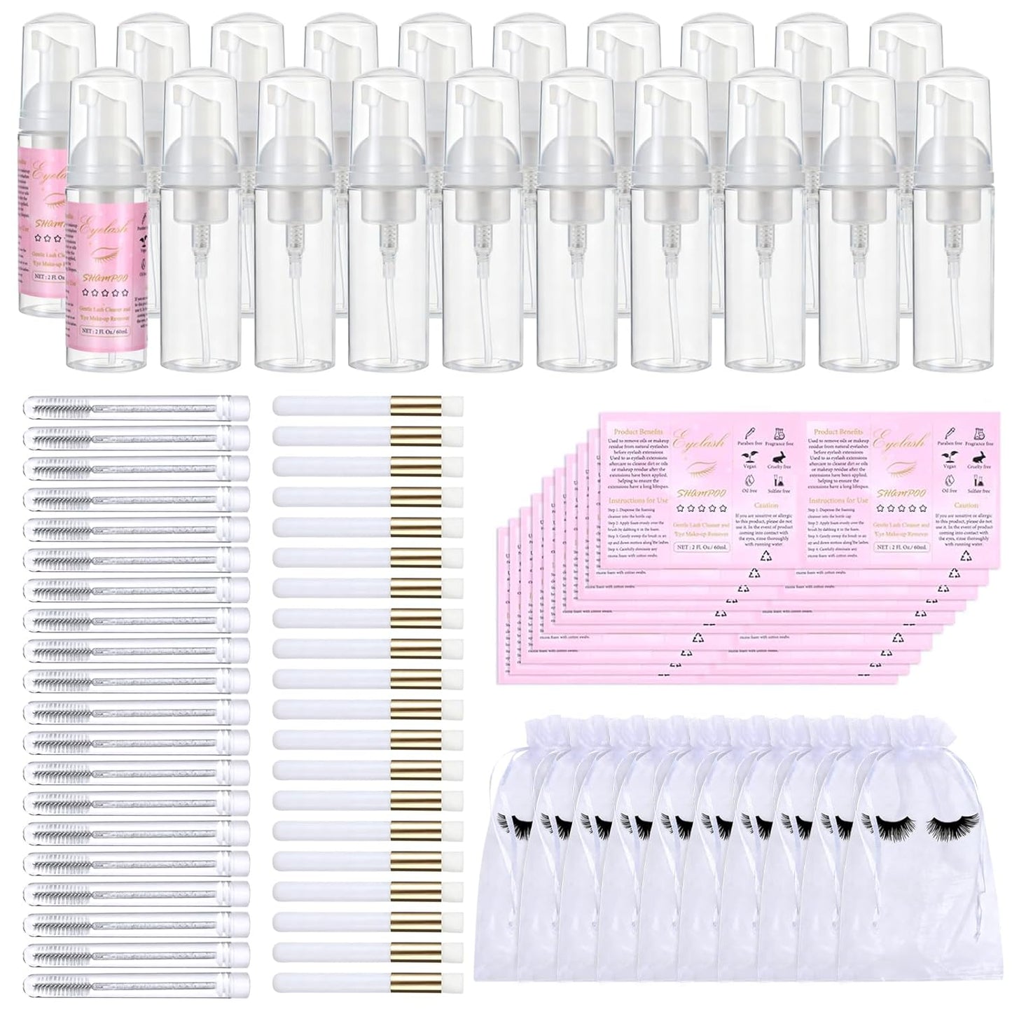 100 Pcs Lash Shampoo Bottle Brushes Set 20 Empty Foam Pump Dispensers 20 Label Stickers 20 Mascara Wands and Tubes 20 Cleansing Brush 20 Bag for Eyelash Extensions Aftercare(White)