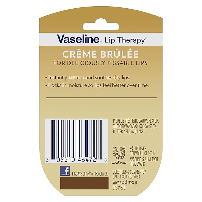 Vaseline Lip Therapy Creme Brulee Mini, White Petrolatum, Advanced Moisturizer, Relieves Dull and Dry Skin, Mini Vaseline Petroleum Jelly, Soft & Smooth Vaseline Lips (Pack of 6-0.25 Oz Ea)