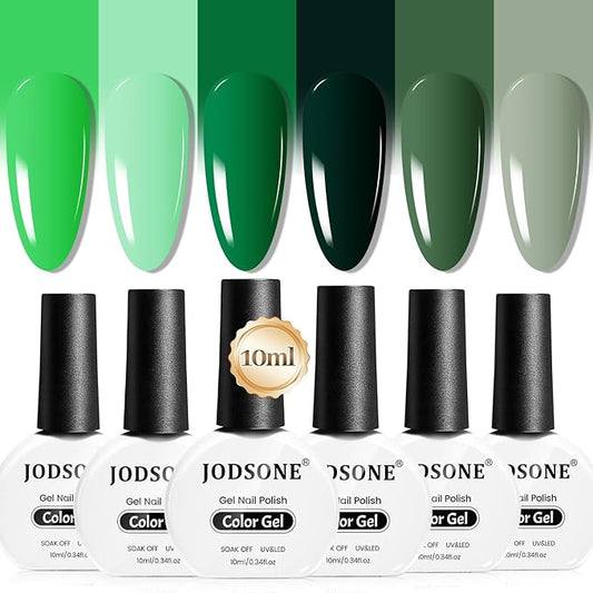 JODSONE 10ml Green Gel Nail Polish 6Pcs Gel Nail Polish Set All Seasons Neutral Soak off U V Lamp Manicure Set for Nail Art Collection St. Patrick's Day Gift for Her