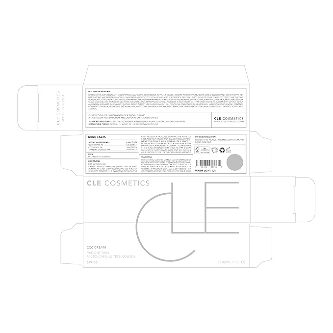 CLE Cosmetics CCC Cream (Warm Light 106 / SPF 50) - Color Correcting With Sunscreen - Lightweight, Hydrating Foundation - BB & CC Hybrid - Light to Medium Coverage - 1 fl oz