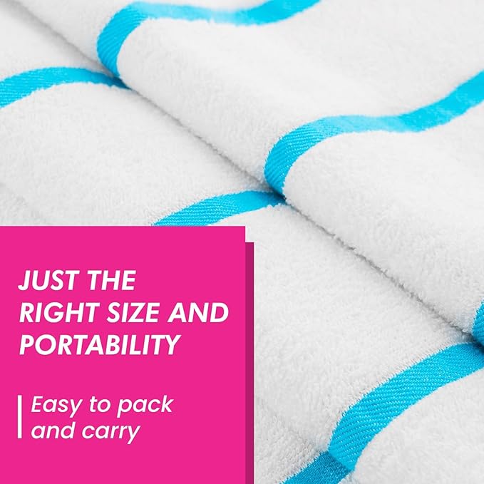 CASA COPENHAGEN Cabana Pool Bath Sheet, 70" x 35", Designed in Denmark Rough and Tough, Quick Dry, for Pool, Bath, Beach & Shower 2 Piece Cotton Pool Towels Set - White Teal Stripe