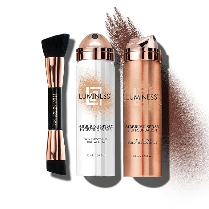 LUMINESS Airbrush Spray Silk Foundation Starter Kit - Rich - Foundation, Primer & Dual-Sided Angled Buffing Brush - Medium, Buildable Coverage, Anti-Aging Formula Hydrates & Moisturizes