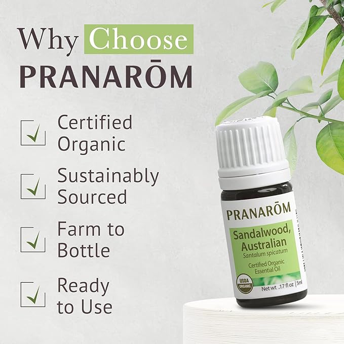 Pranarom USDA Certified Organic Australian Sandalwood Essential Oil (5ml), 100% Pure Natural Therapeutic Grade for Home Diffusing, Aromatherapy, Skincare, Candle Making, DIY Perfumes