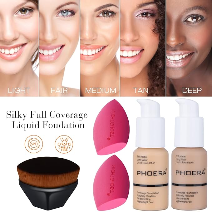 Makeup Kit for Women Included 2 Phoera Foundation SPF 20+ 30ml Matte Oil Control, 2 Kabuki Makeup Brushes, Phoera Primer, Powder Foundation, 2 Makeup Sponges (101 Porcelain + 102 Nude)
