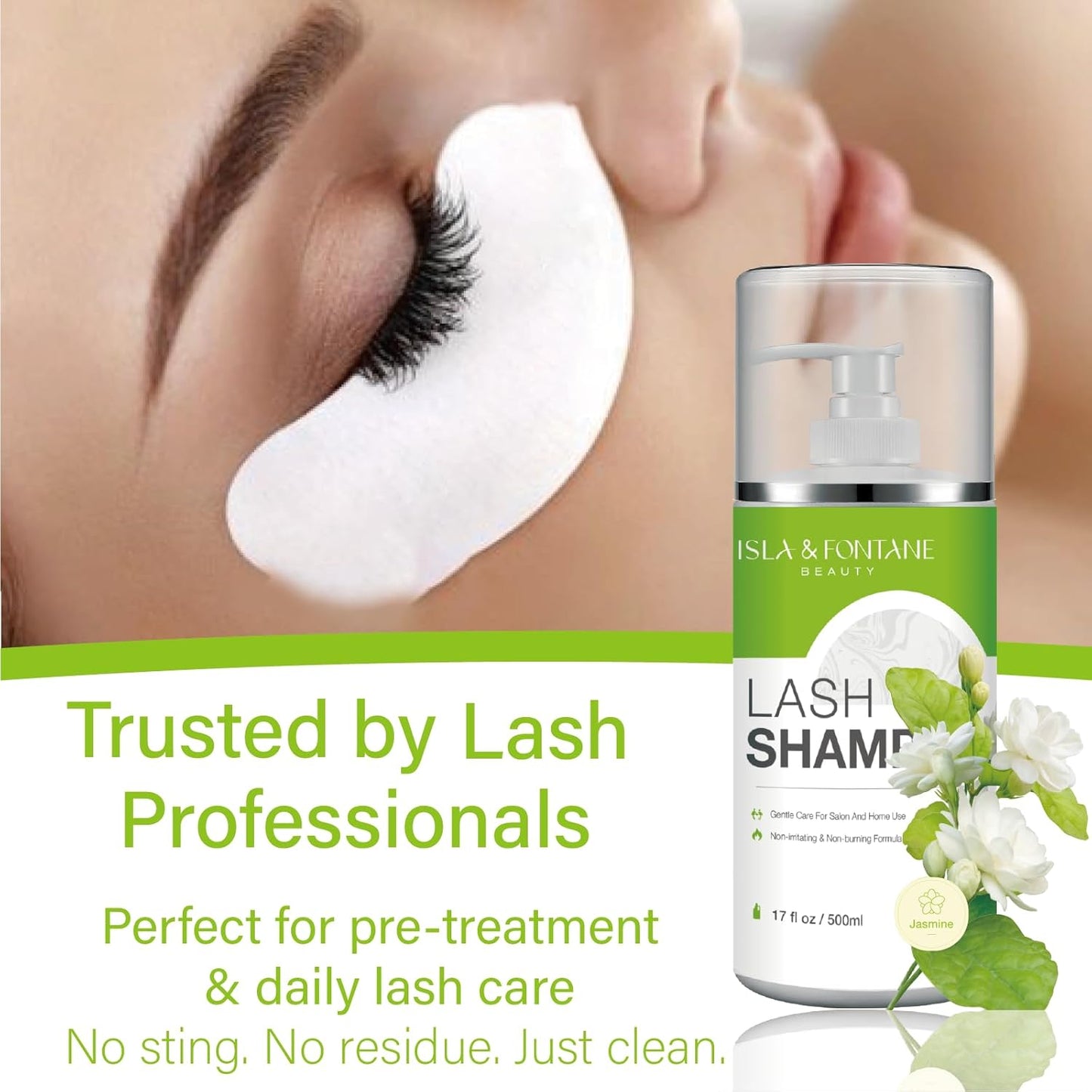 ISLA & FONTANE Lash Shampoo Bulk – Multi-Scent Series – 17 fl oz / 500ml | Gentle Eyelash Cleanser for Lash Extensions | Non-Irritating | Professional Lash Bath Foam For Salon And Home Use (Jasmine)